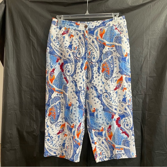 Chico's 2 Blue Paisley 100% Linen Capris Summer Vacation Resort - Picture 1 of 6